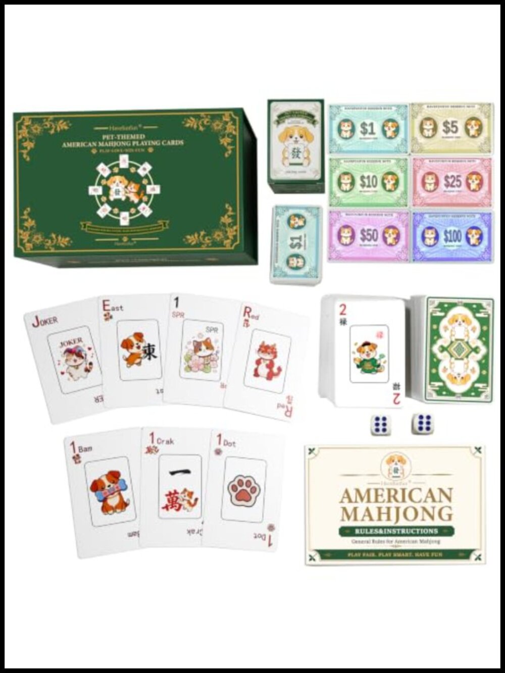 American Mahjong Card Set with Pet Themed Chips - Travel Game Gift